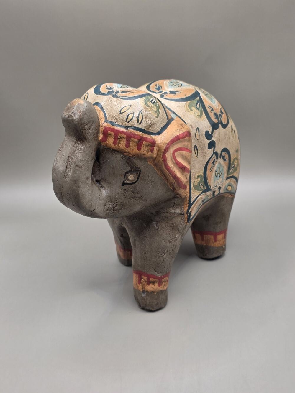 Vintage Indian Folk Art Clay Elephant Figurine Hand Painted Terracotta Trunk Up